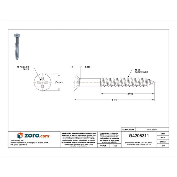 Deck Screw, #6 x 1-1/4 in, Steel, Flat Head, Phillips Drive, 100 PK