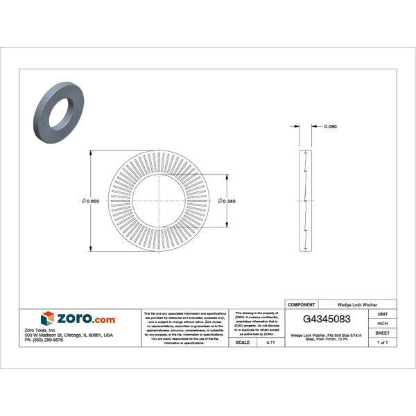 Wedge Lock Washer, Fits Bolt Size 5/16 in Steel, Plain Finish, 10 PK
