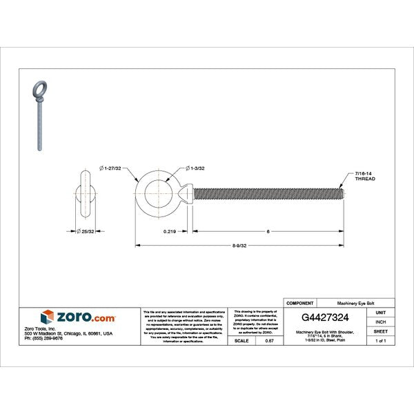 Machinery Eye Bolt With Shoulder, 7/16