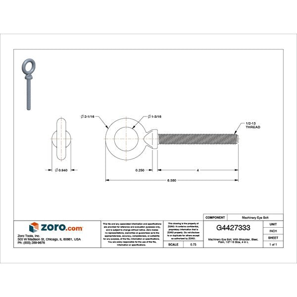 Machinery Eye Bolt With Shoulder, 1/2