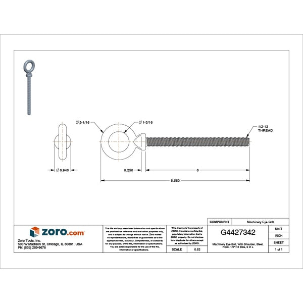 Machinery Eye Bolt With Shoulder, 1/2