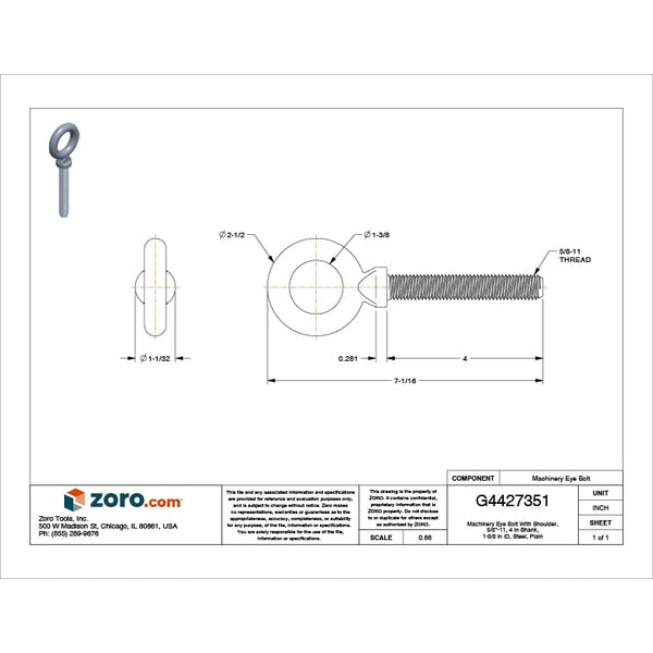 Machinery Eye Bolt With Shoulder, 5/8