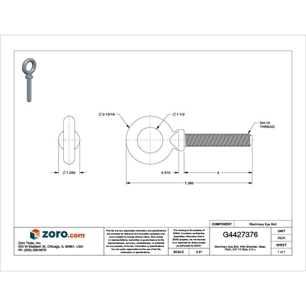 Machinery Eye Bolt With Shoulder, 3/4