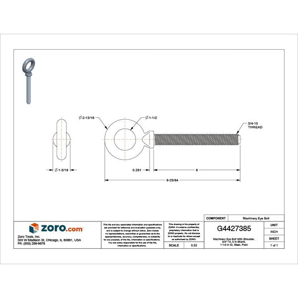 Machinery Eye Bolt With Shoulder, 3/4