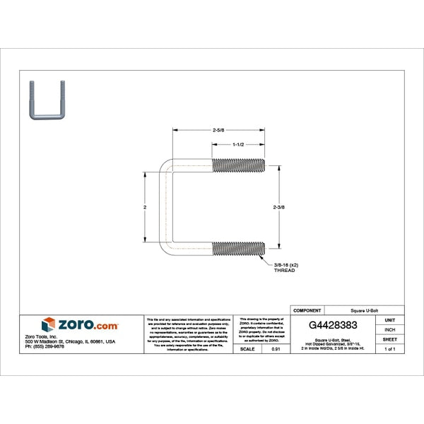 Square U-Bolt, 3/8