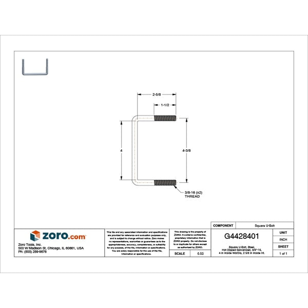 Square U-Bolt, 3/8