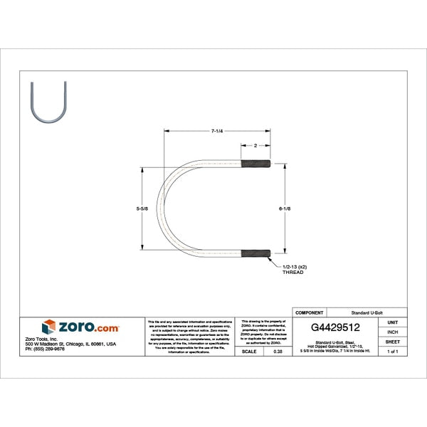 Round U-Bolt, 1/2