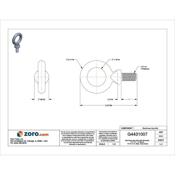 Machinery Eye Bolt With Shoulder, 1/2