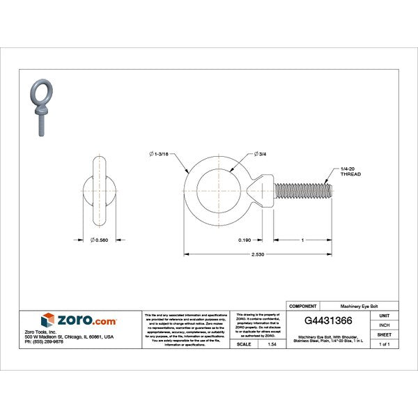 Machinery Eye Bolt With Shoulder, 1/4