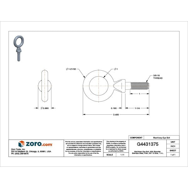Machinery Eye Bolt With Shoulder, 3/8