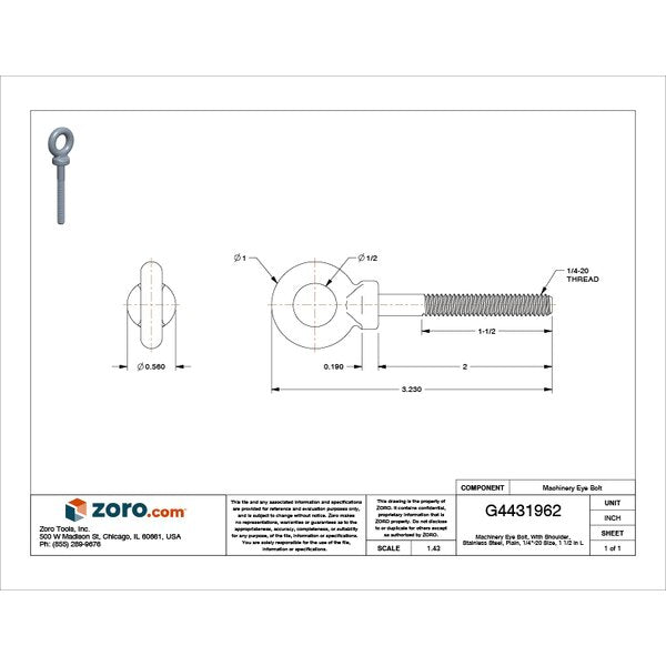 Machinery Eye Bolt With Shoulder, 1/4