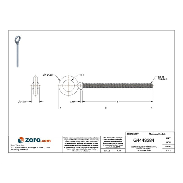Machinery Eye Bolt With Shoulder, 3/8