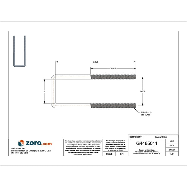 Square U-Bolt, 3/8