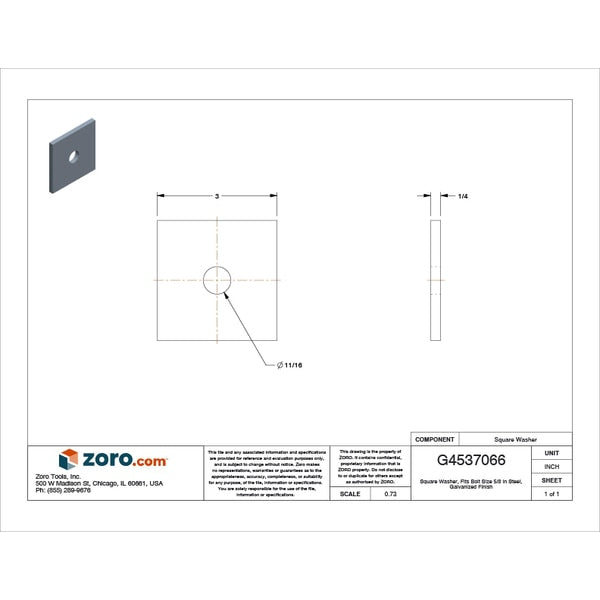 Square Washer, Fits Bolt Size 5/8 in Low Carbon Steel, Hot Dipped Galvanized Finish