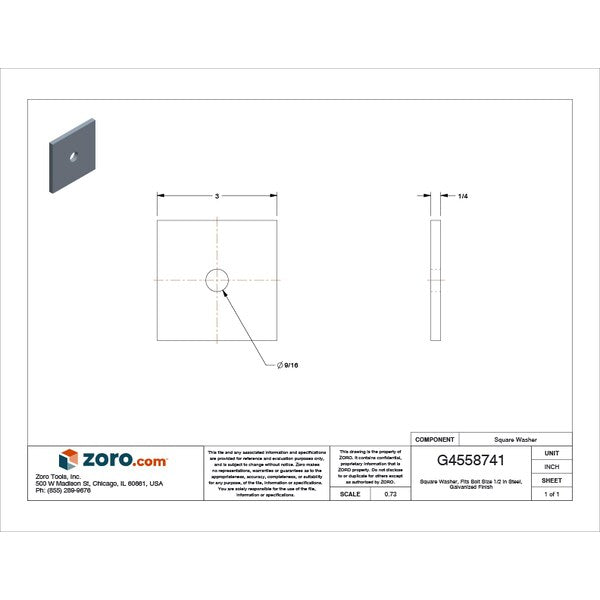 Square Washer, Fits Bolt Size 1/2 in Low Carbon Steel, Hot Dipped Galvanized Finish