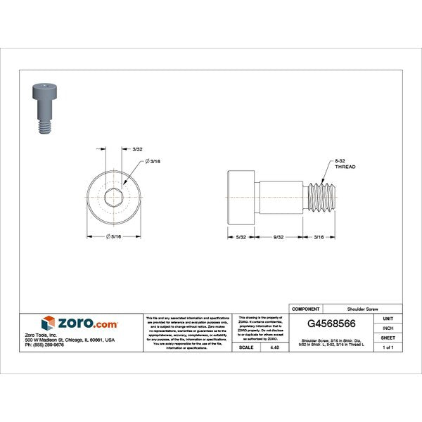 Shoulder Screw, #8-32 Thr Sz, 3/16 in Thr Lg, 9/32 in Shoulder Lg, 316 Stainless Steel