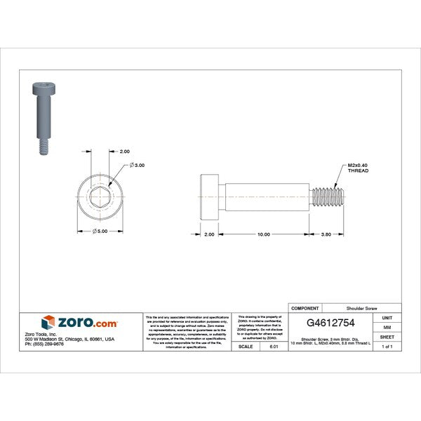 Shoulder Screw, M2-0.40 Thr Sz, 3.8 mm Thr Lg, 10 mm Shoulder Lg, 316 Stainless Steel