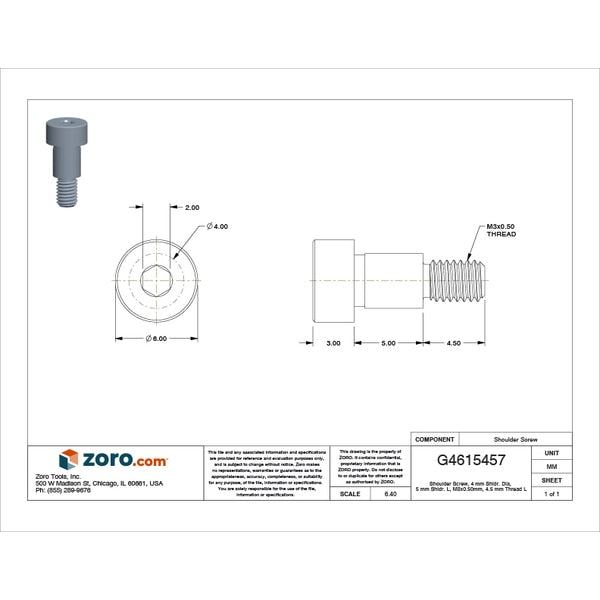 Shoulder Screw, M3-0.50 Thr Sz, 4.5 mm Thr Lg, 5 mm Shoulder Lg, 316 Stainless Steel