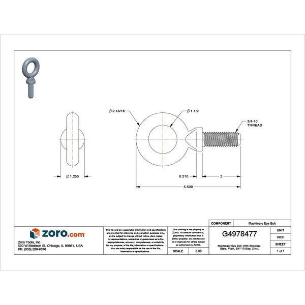 Machinery Eye Bolt With Shoulder, 3/4