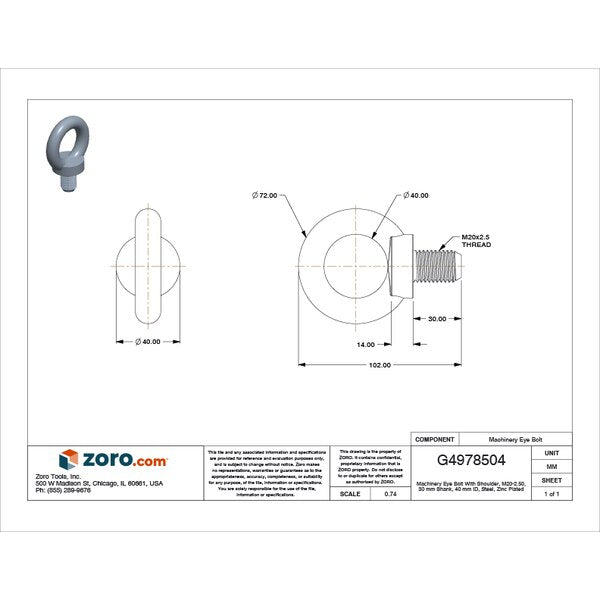 Machinery Eye Bolt With Shoulder, M20-2.50, 30 mm Shank, 40 mm ID, Steel, Zinc Plated