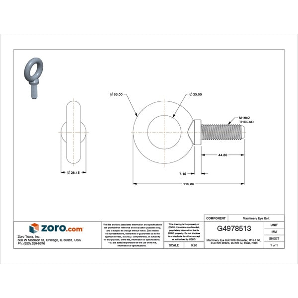 Machinery Eye Bolt With Shoulder, M16-2.00, 44.8 mm Shank, 35 mm ID, Steel, Plain