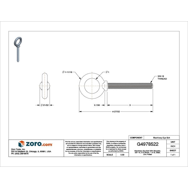 Machinery Eye Bolt With Shoulder, 3/8