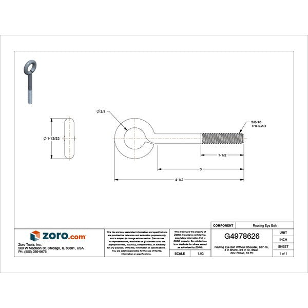 Routing Eye Bolt Without Shoulder, 3/8