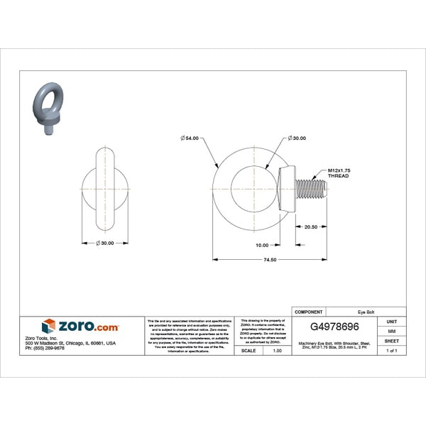 Machinery Eye Bolt With Shoulder, M12-1.75, 20.5 mm Shank, 30 mm ID, Steel, Zinc Plated, 2 PK