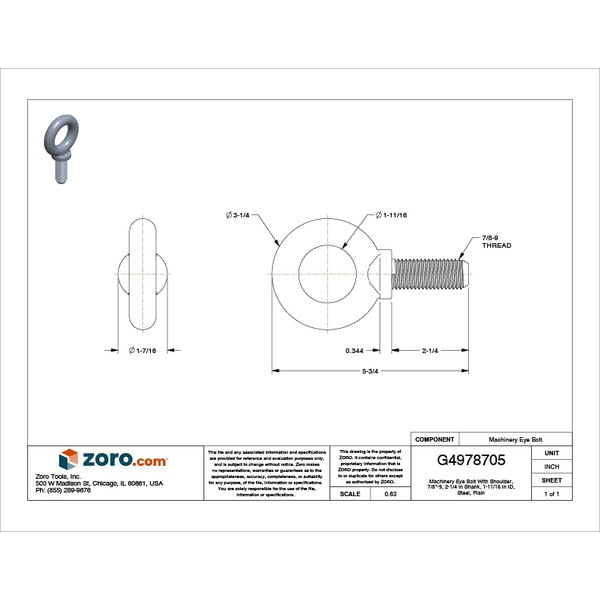 Machinery Eye Bolt With Shoulder, 7/8