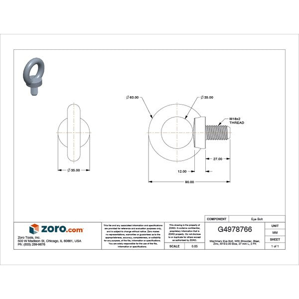 Machinery Eye Bolt With Shoulder, M16-2.00, 27 mm Shank, 35 mm ID, Steel, Zinc Plated, 2 PK