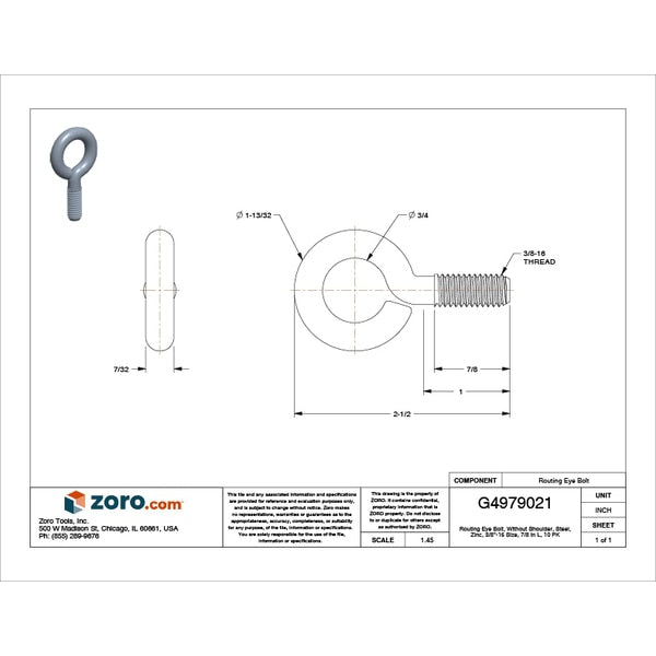 Routing Eye Bolt Without Shoulder, 3/8