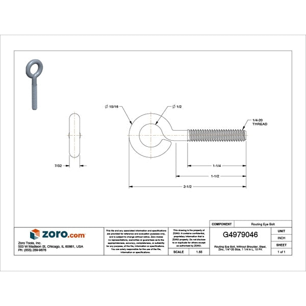 Routing Eye Bolt Without Shoulder, 1/4