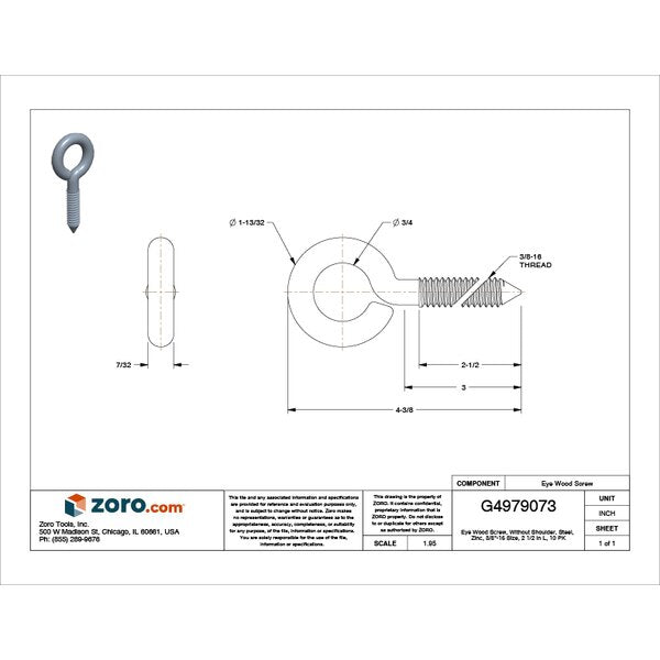 Eye Wood Screw Without Shoulder, 3/8