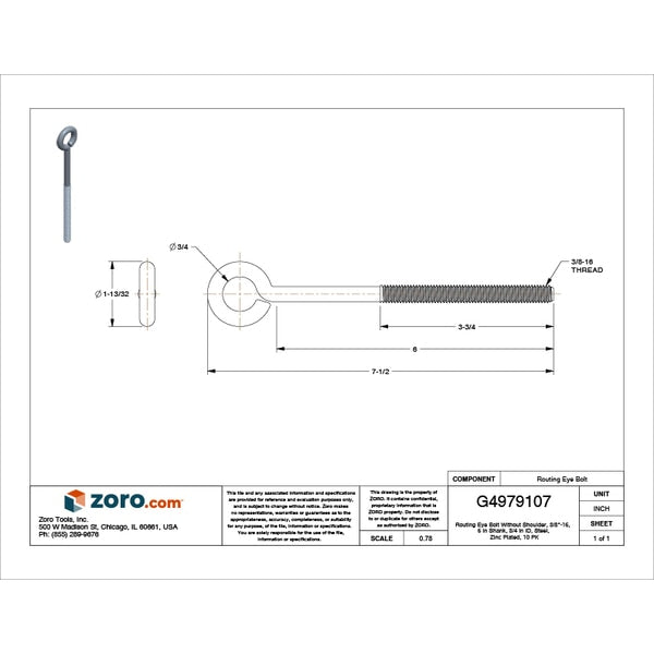 Routing Eye Bolt Without Shoulder, 3/8