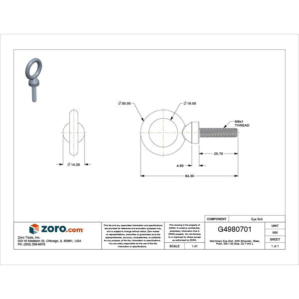 Machinery Eye Bolt With Shoulder, M6-1.00, 25.7 mm Shank, 19 mm ID, Steel, Plain