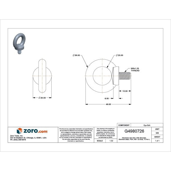 Machinery Eye Bolt With Shoulder, M8-1.25, 13 mm Shank, 20 mm ID, Steel, Plain