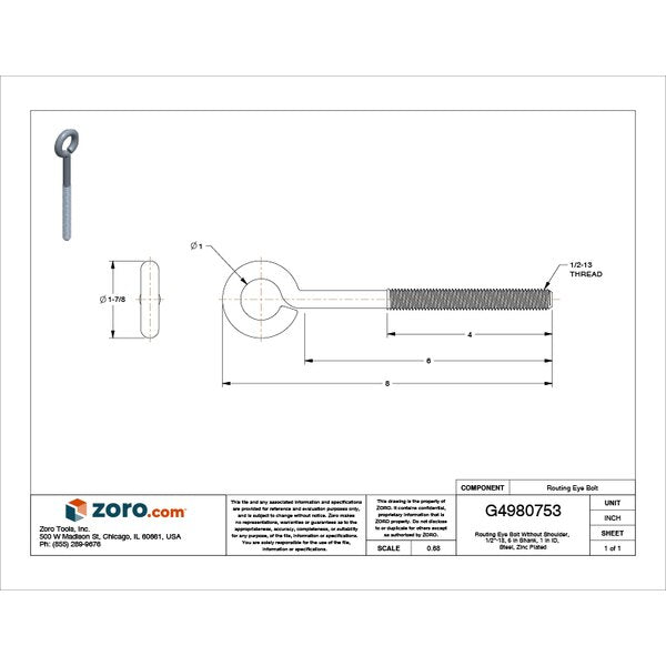 Routing Eye Bolt Without Shoulder, 1/2