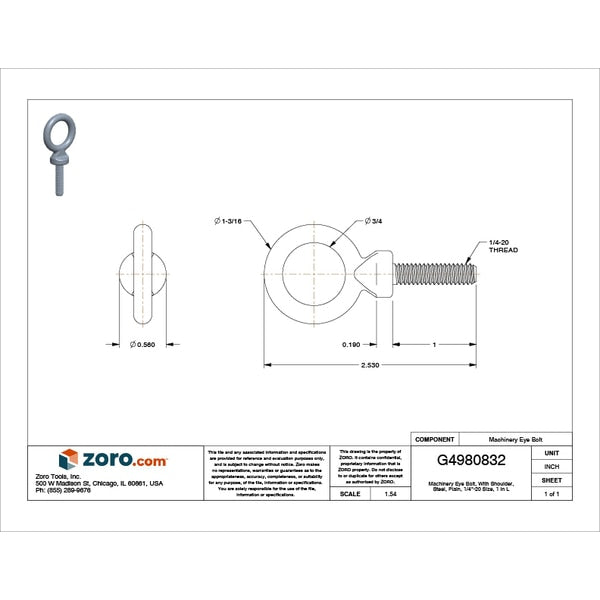 Machinery Eye Bolt With Shoulder, 1/4