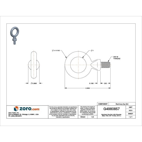 Machinery Eye Bolt With Shoulder, 3/8