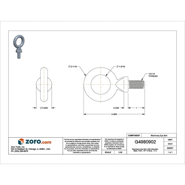 Machinery Eye Bolt With Shoulder, 1/2