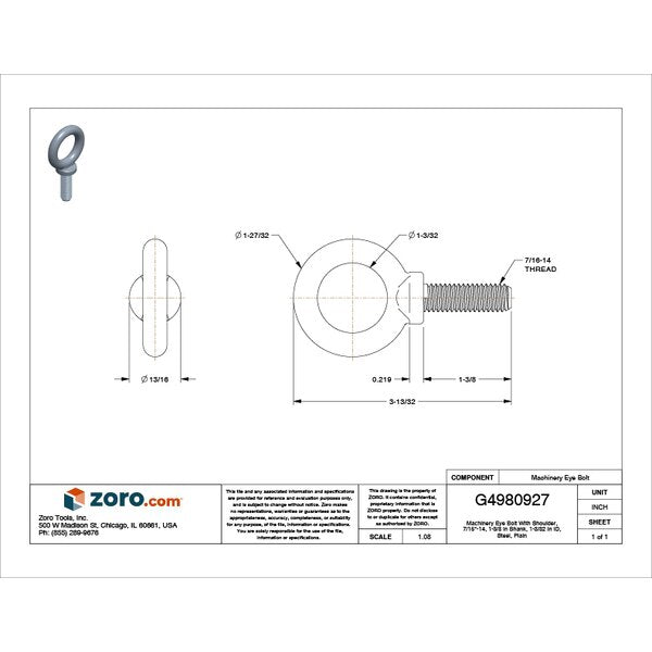 Machinery Eye Bolt With Shoulder, 7/16