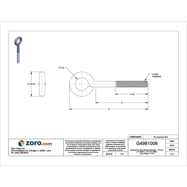Routing Eye Bolt Without Shoulder, 1/4
