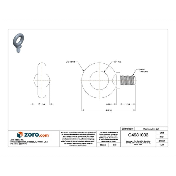 Machinery Eye Bolt With Shoulder, 3/4