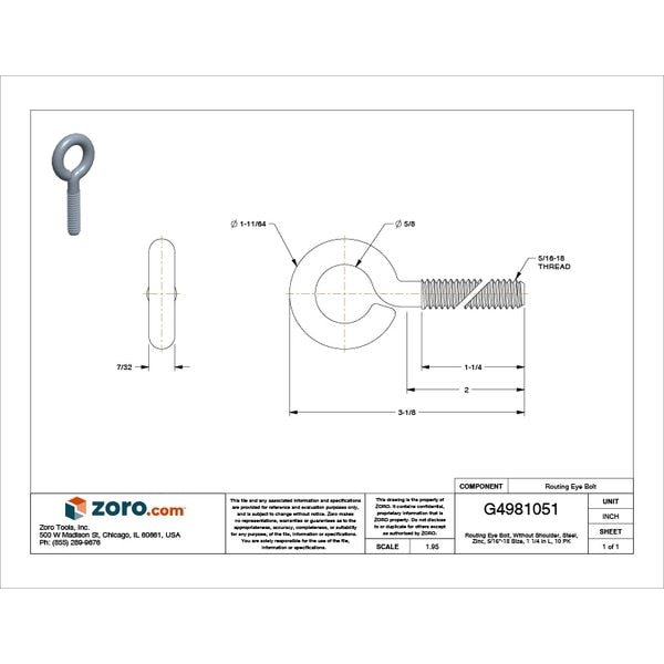 Routing Eye Bolt Without Shoulder, 5/16