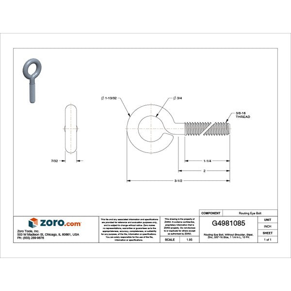 Routing Eye Bolt Without Shoulder, 3/8