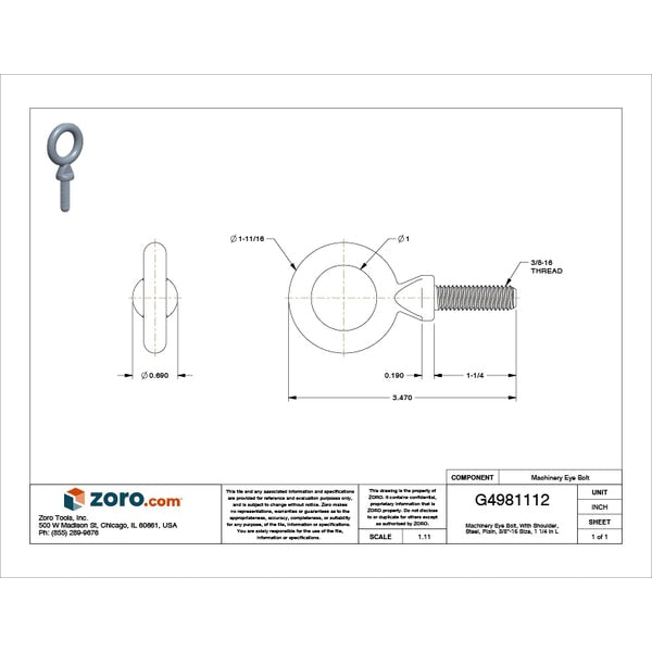 Machinery Eye Bolt With Shoulder, 3/8