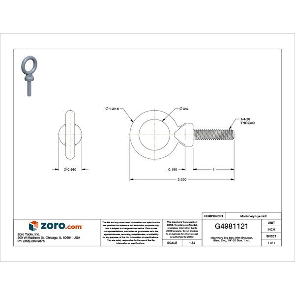 Machinery Eye Bolt With Shoulder, 1/4