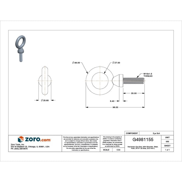 Machinery Eye Bolt With Shoulder, M10-1.50, 35 mm Shank, 27 mm ID, Steel, Plain