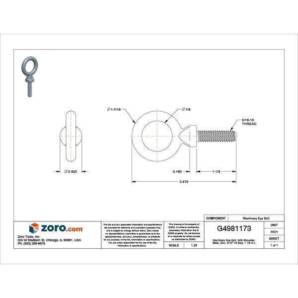 Machinery Eye Bolt With Shoulder, 5/16