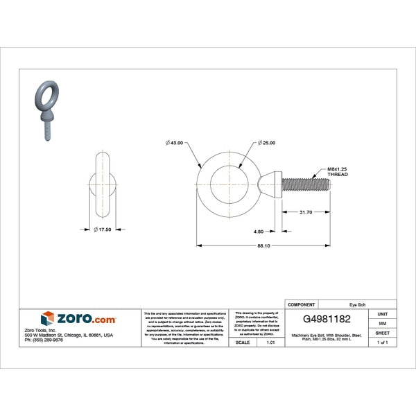 Machinery Eye Bolt With Shoulder, M8-1.25, 31.7 mm Shank, 25 mm ID, Steel, Plain